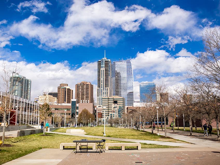 A view of the multi-storied buildings of downtown Denver, taken from outside the Arts Building.