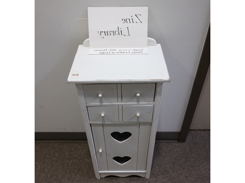 Zine library cabinet in the Communication Design suite hallway.