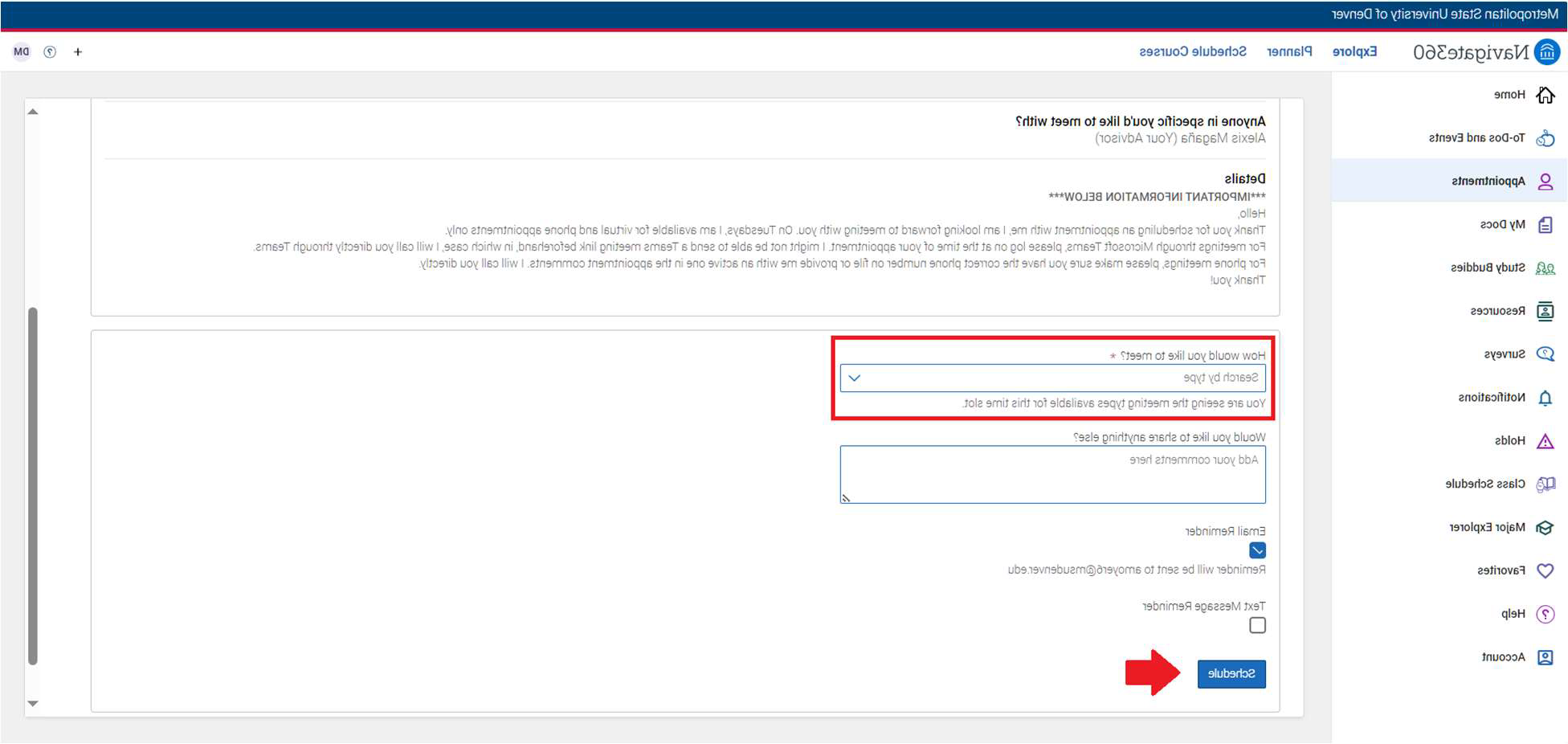 A screenshot of the Schedule an Appointment tab with selections to finalize a virtual meeting with an Academic Advisor.